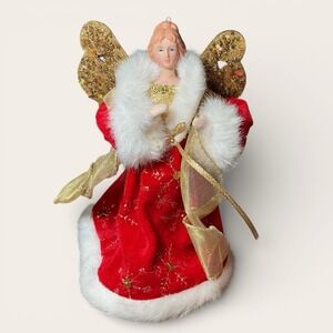 Mini Tree Topper Angel With Red & Gold Dress 7.5" Christmas Holiday